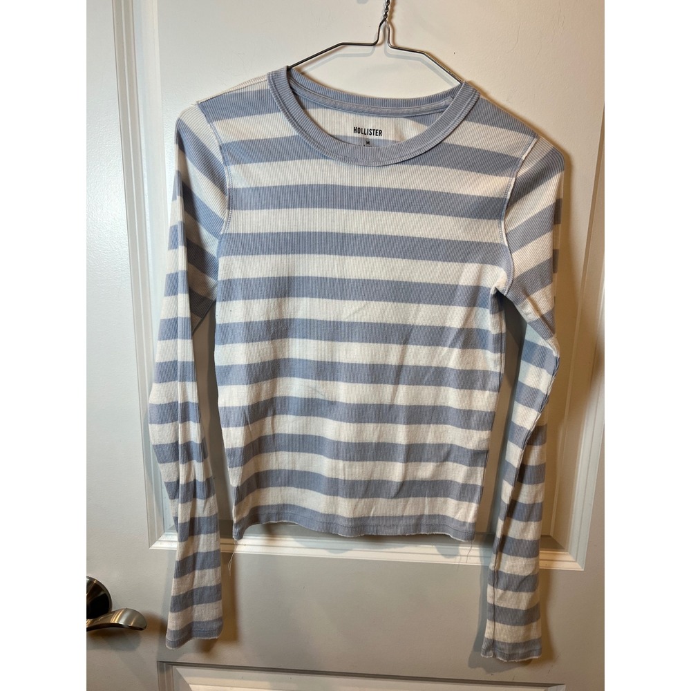 Hollister Womens Long Sleeve Top Ribbed Striped Blue White Size M Long